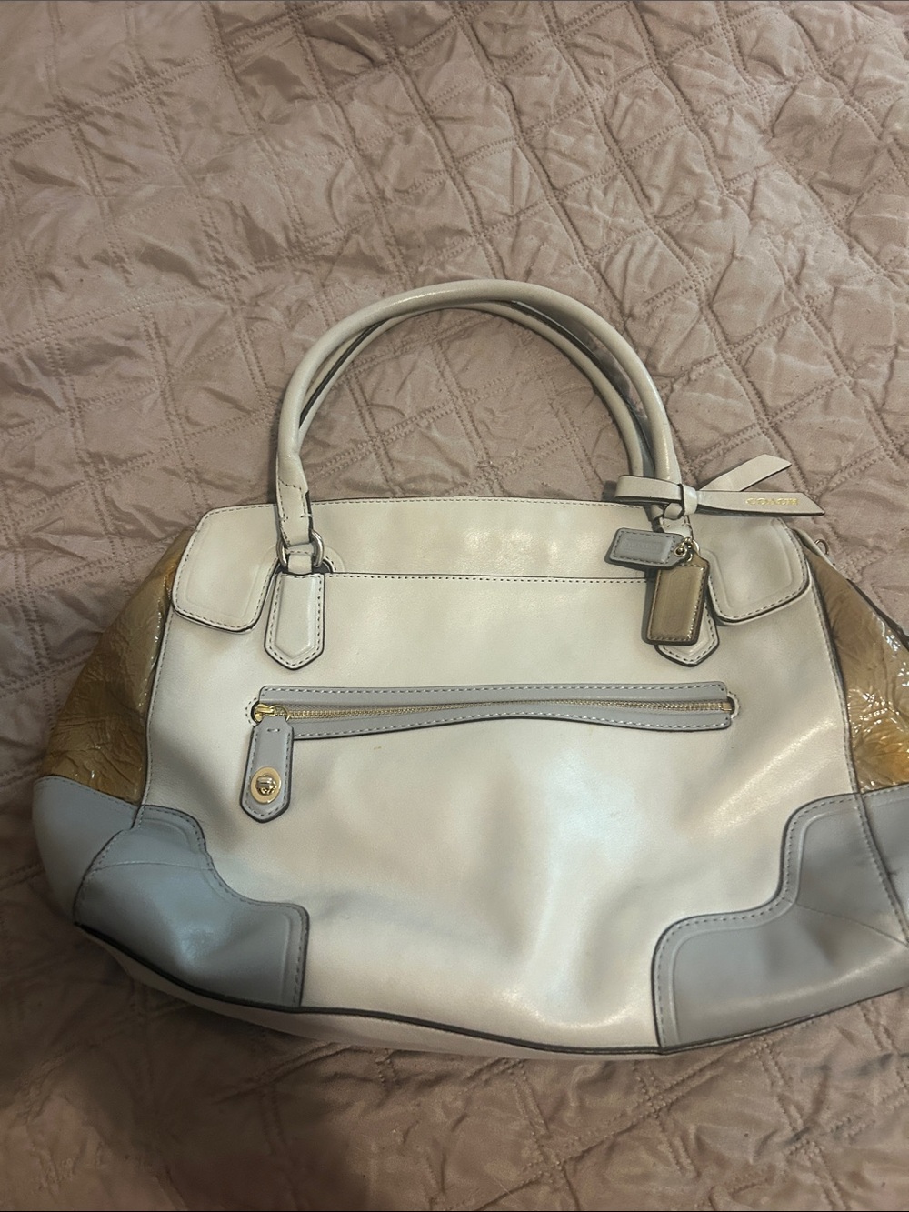 Coach Tri-Tone Leather Satchel — Cream, Light Gray & Tan